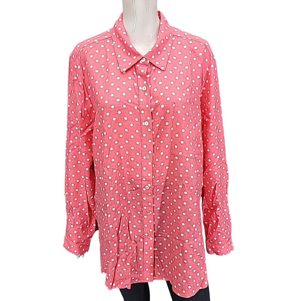Susan Graver Pink Polka Dot Linen Rayon Button Front Top Petite XL A596335